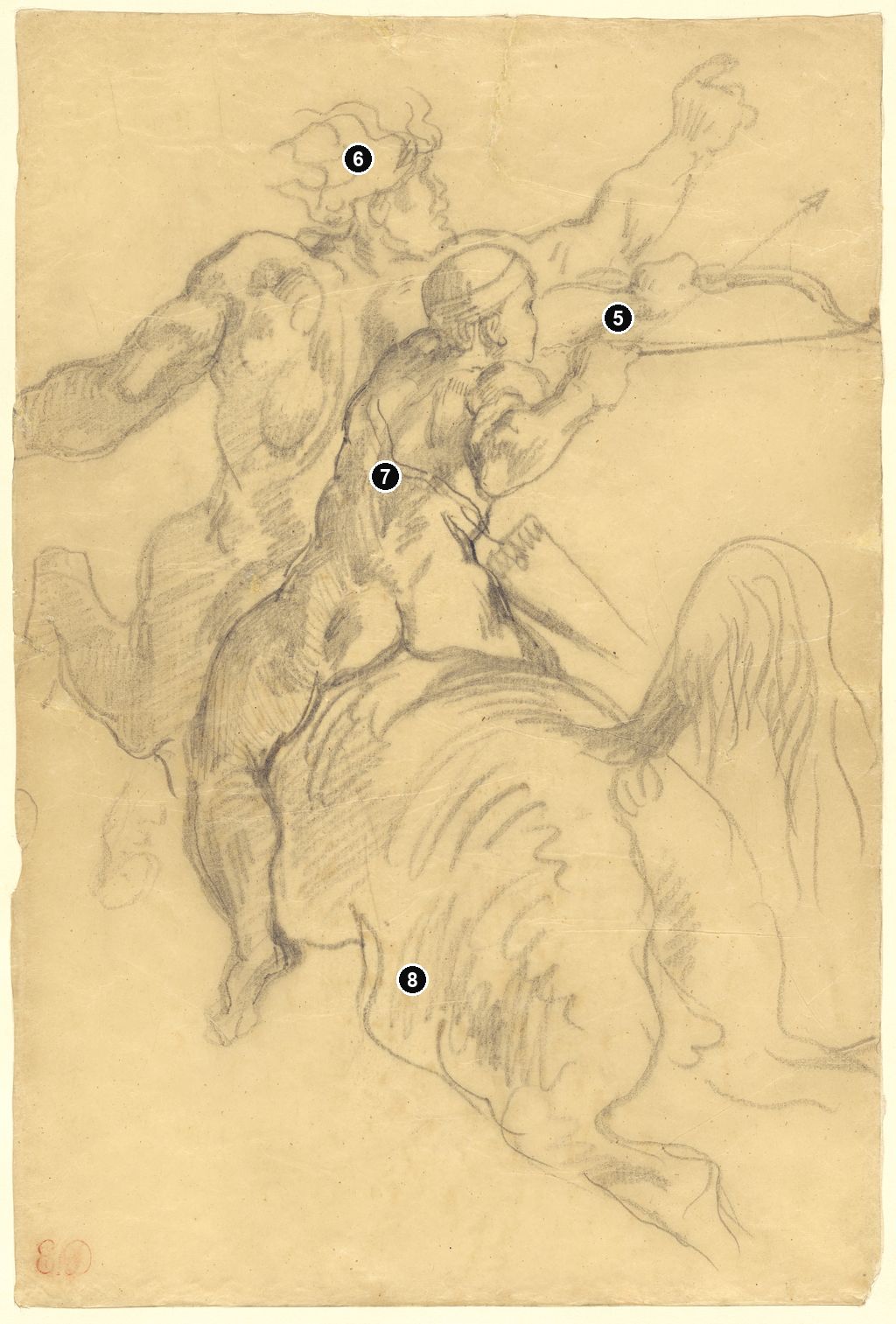 Annotated details from The Education of Achilles - Getty Tracing-Paper Drawing by Eugène Delacroix